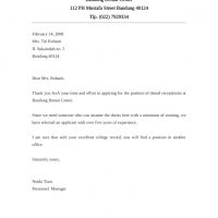 Rejection Letter Sample for Receptionist