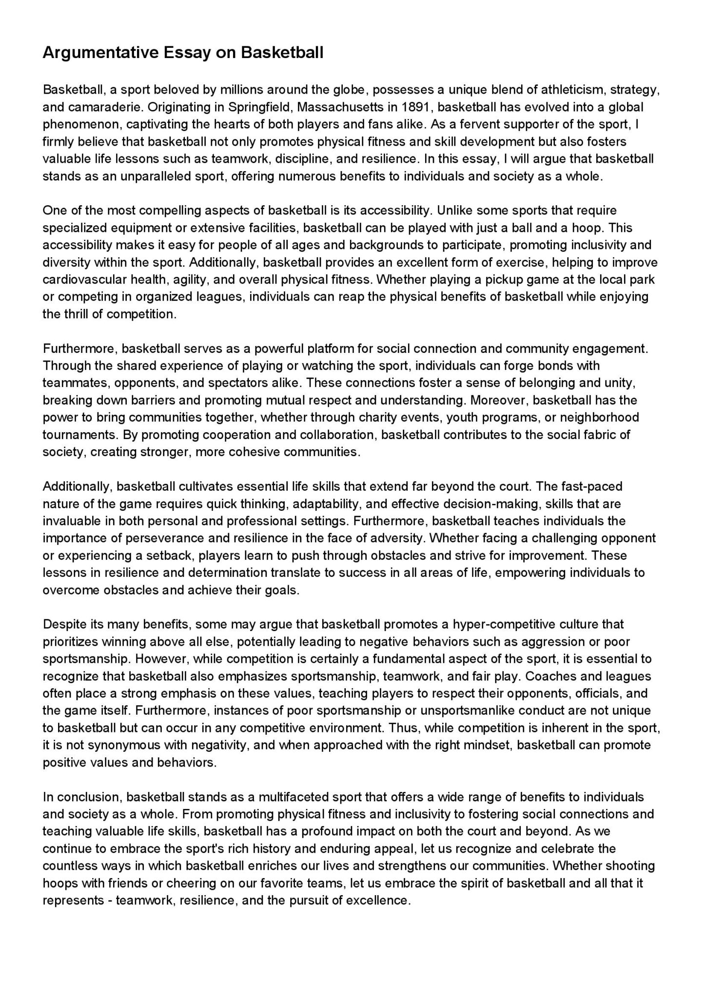 Argumentative Essay on Basketball - Englet